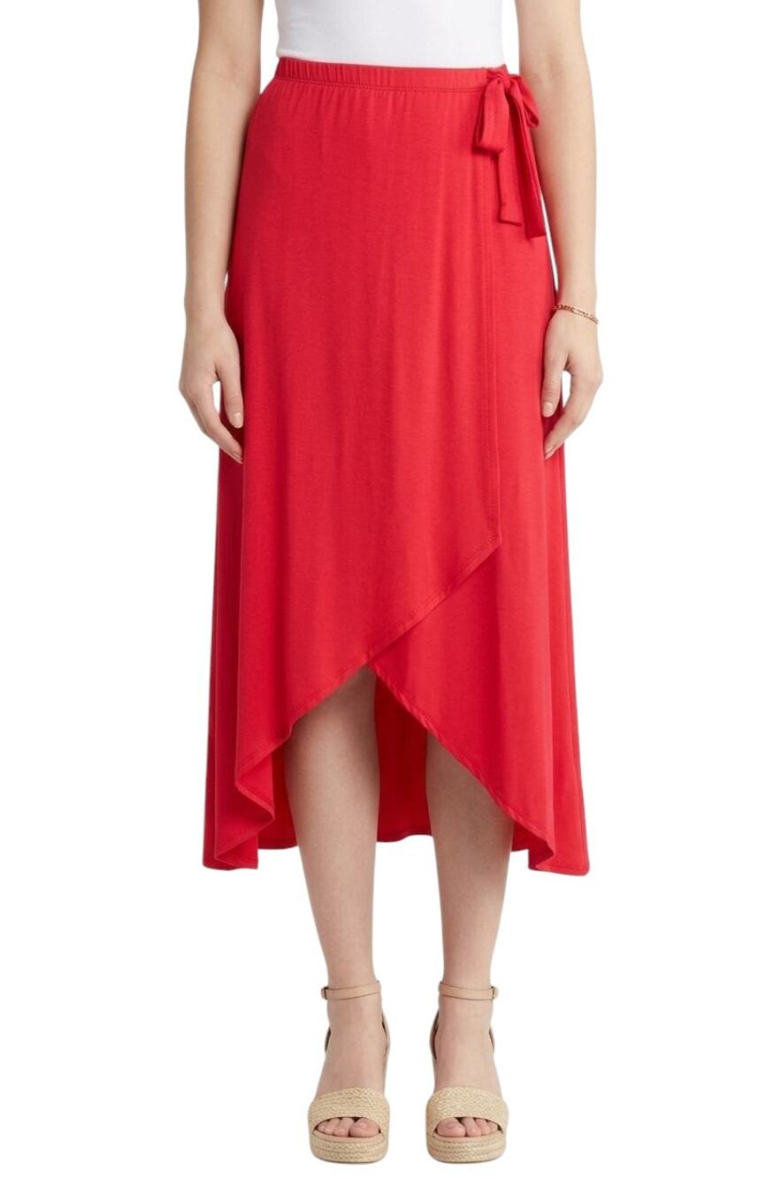 Loveappella Faux Wrap Skirt Red Tie Waist Stretch Rayon Women's Medium NWOT
